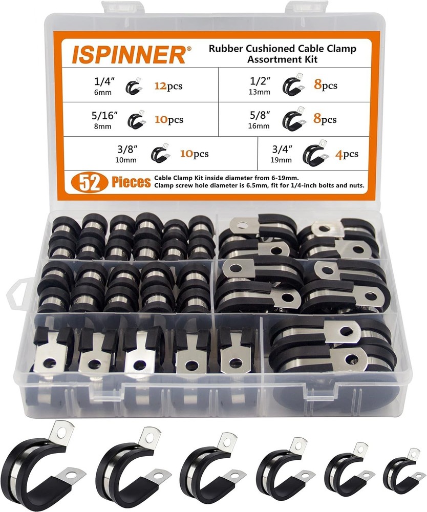 52Pcs Stainless Steel Rubber Cushion Pipe Clamps Assortment Kit, 6 Sizes