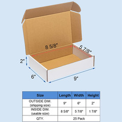 Shipping Boxes 9X6X2″ 25 Pack – White Corrugated Cardboard Mailing Box for Small