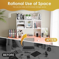 Desktop Bookshelf Wood Desk Hutch Organizer w/5 Shelves for Computer Desk White