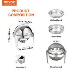 VEVOR 2-Pack Round Roll Top Chafing Dish Set with Full-Size 6Qt Pan Fuel Holder