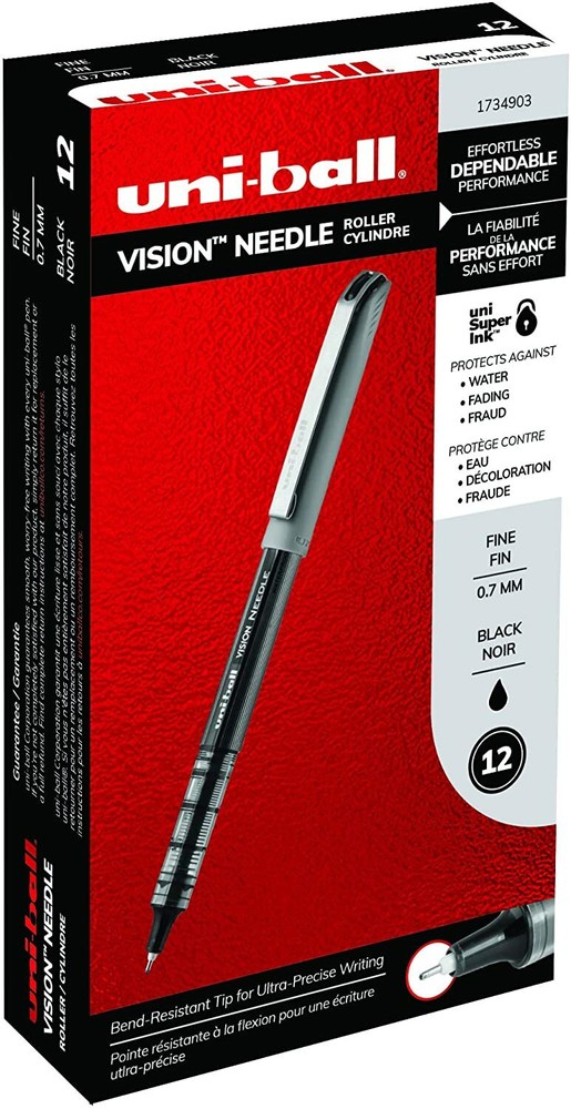 1734903 Uni-Ball Vision Needle Roller Ball Pen, Fine Tip, Black Ink, Box of 12