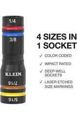 Klein Tools Quad Socket, 4 Sizes in 1, 4-in-1 Color Coded SAE / Impact Rated New