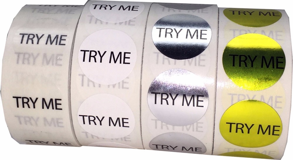 Try Me Stickers | 3/4 Inch Round – 500 Pack | Pick One Color