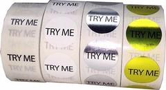 Try Me Stickers | 3/4 Inch Round – 500 Pack | Pick One Color
