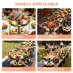 4 PCS 9Qt Round Chafing Dish Buffet Set 316 Stainless Steel Gold W/Glass Lids