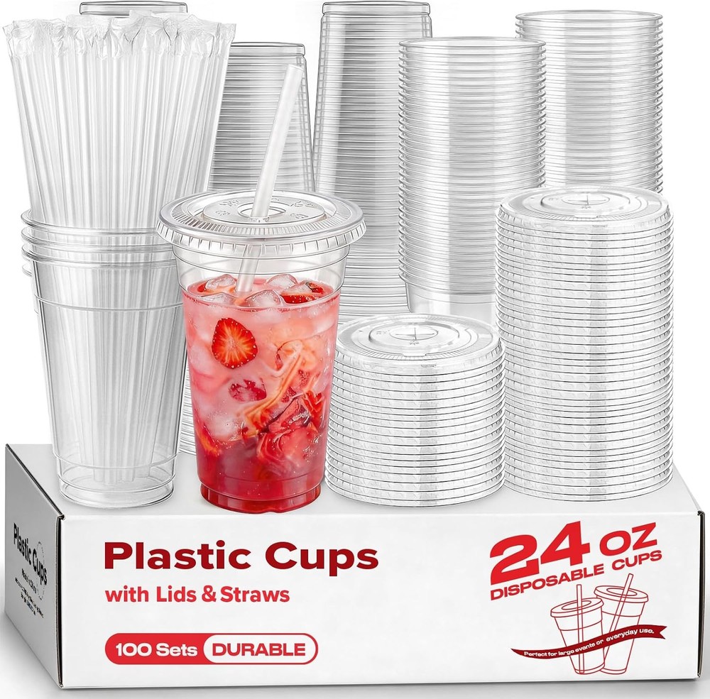 100x 16oz Clear Plastic Cups w/Lids & Straws, Heavy Duty Cold Drink