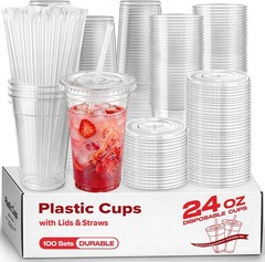100x 16oz Clear Plastic Cups w/Lids & Straws, Heavy Duty Cold Drink