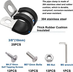 50PCS 3/8 Inch Stainless Steel Rubber Cable Clamps With Screws Pipe Hose Clips
