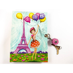 Diary/ Journal with Lock & Keys – Parisian Girl with Balloons – Blank, New