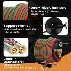 Manual Twin Welding Hose Reel Set, 1/4″ ID 100Ft Oxygen Acetylene Hose (Max 300