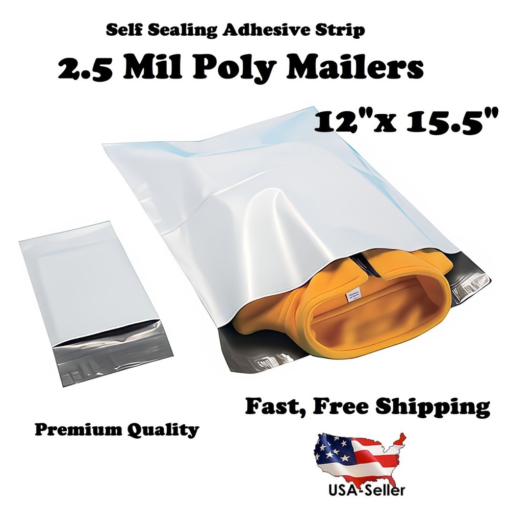 12″ x 15.5″ White Poly Mailers Plastic Shipping Bags 2.5 Mil Mailer 12×15.5