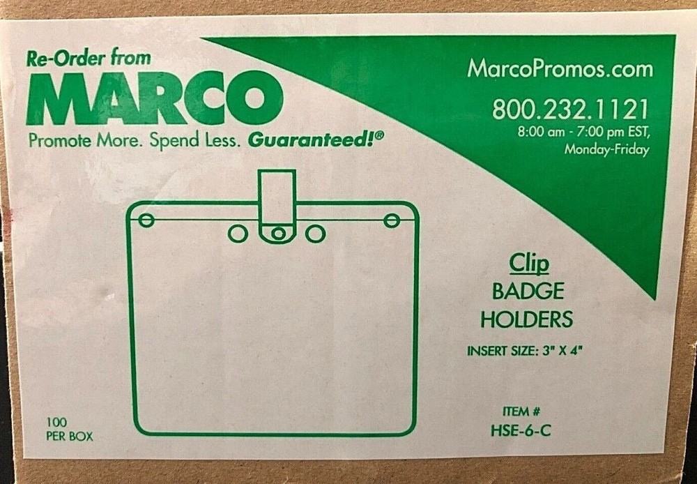 MARCO Clip Badge ID Name Card Holders ~ Insert Size 3″ x 4″ ~ 100 pack
