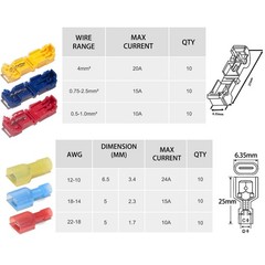 60 Pcs/30 Pairs Quick Splice Wire Terminals T-Tap Red, Blue, Yellow