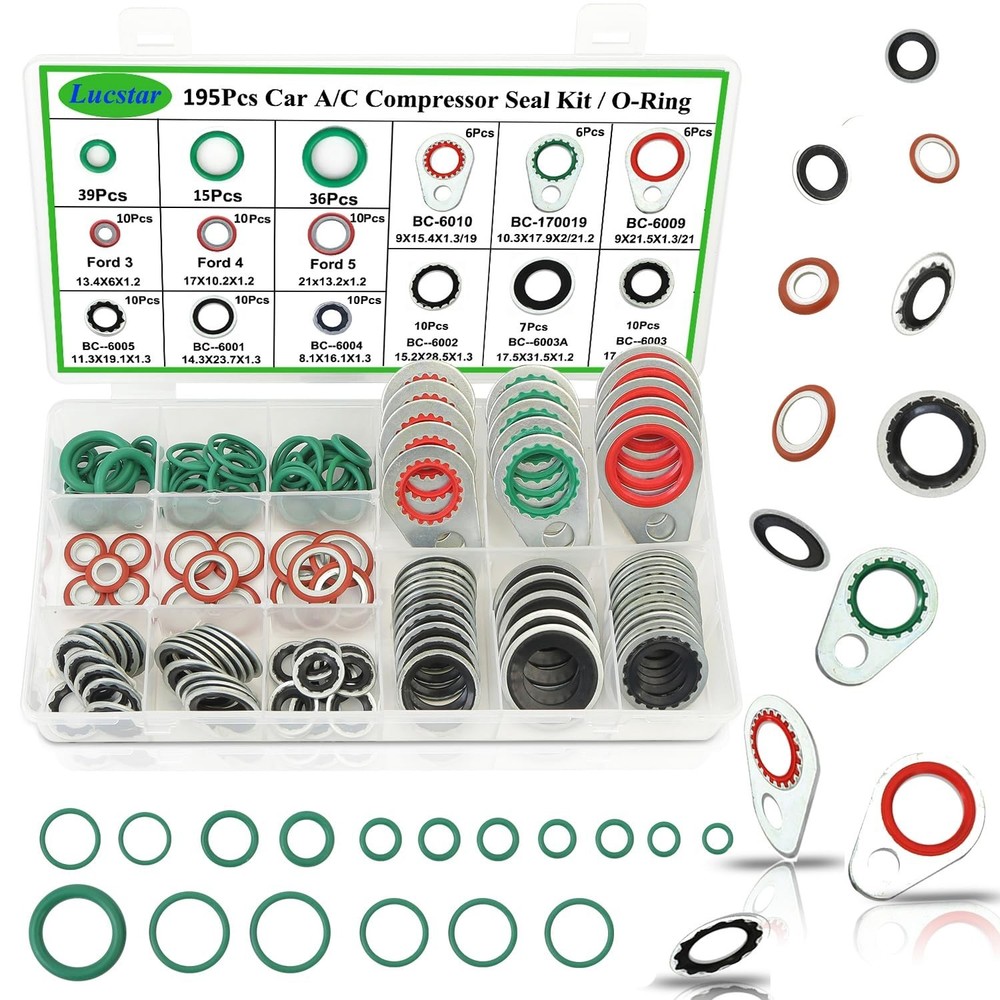 195PCS A/C Seal Kit,Ac O Ring Assortment Kit, AC Gasket Seal Kit, Automo