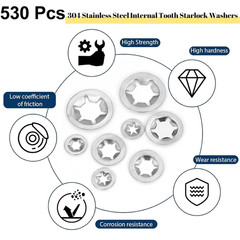 530PCS Internal Tooth Star Lock Washer, 304 Stainless Steel Push Nuts Assortment