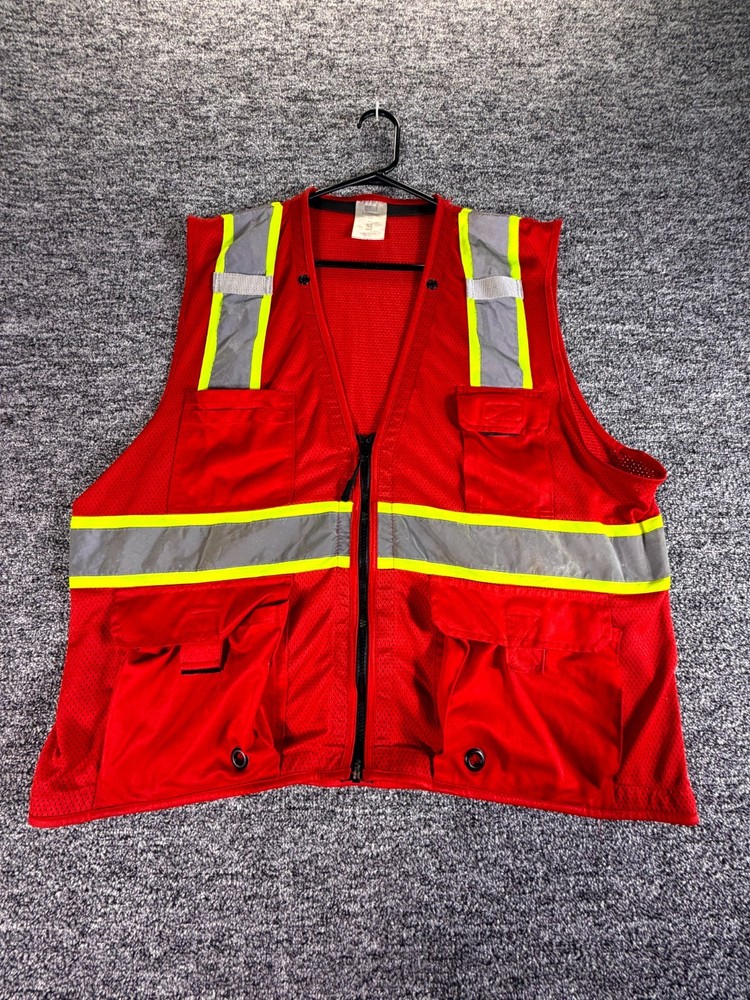 Uline Safety Work Vest Mens XL Red Sleeveless High Visibility Reflective Utility
