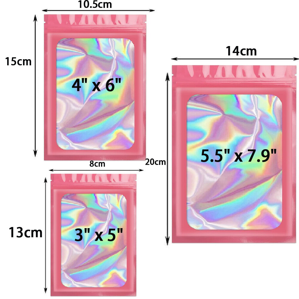 100-400Pcs Holographic Mylar Foil Bags Smell Proof Resealable Zip Seal Pouches