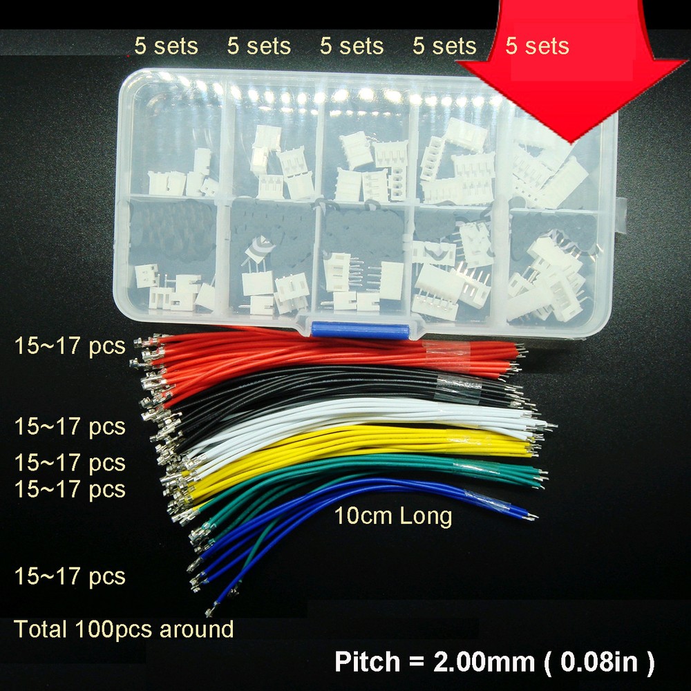 100pcs 10cm Wires with 25 Sets JST PH2.0 2.0mm Connector Kit Plug Header 2P-6P