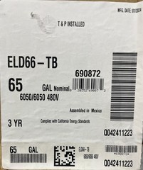 Rheem Eld66-Tb 480V 65 Gal Electric Water Heater, Single, Three Phase 59.4 In H