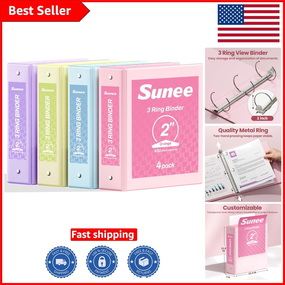 Moisture Resistant 2-Inch 4-Pack Pastel Binders – Perfect for School & Work