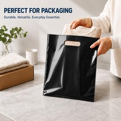 Purple Q Crafts 100 Pack Black Plastic Merchandise Bags with Die Cut Handles, 15