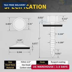 Metal Roofing Screws #10 x 1-1/2″, 300 PCS, FIXLINK RUSPERT Hex Head Rubber Wash