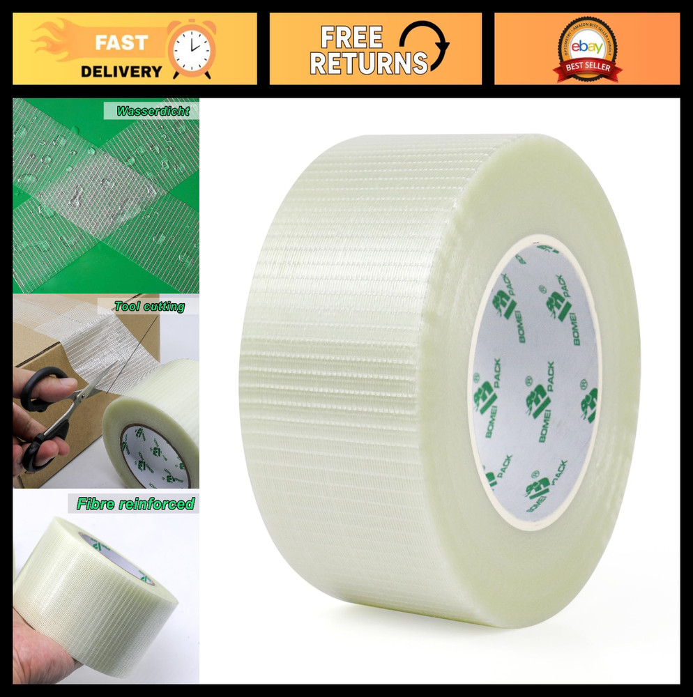 Heavy Duty 3″ x 60yd Transparent Strapping Tape – Reinforced Fiberglass, Strong