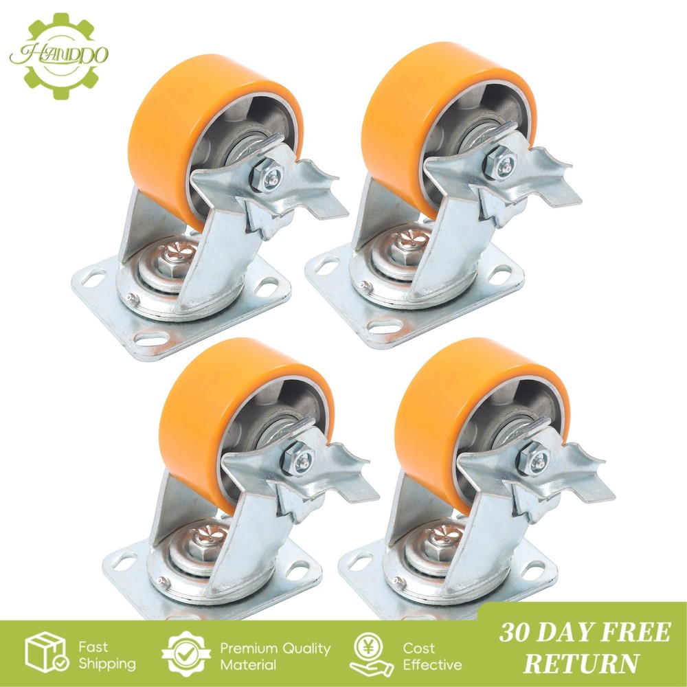 4 Pcs 4″ Side Brake Polyurethane Plate Casters, 3200 Pounds, Silver + Qrange