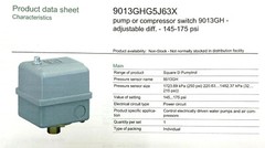 SQUARE D AIR COMPRESSOR PRESSURE SWITCH 9013GHG5J63X 145-175 PSI W UNLOADER