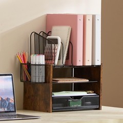 Wooden Desk Organizer, 4-Tier Mesh Desk Organizer with Drawer, Paper Tray & 5…