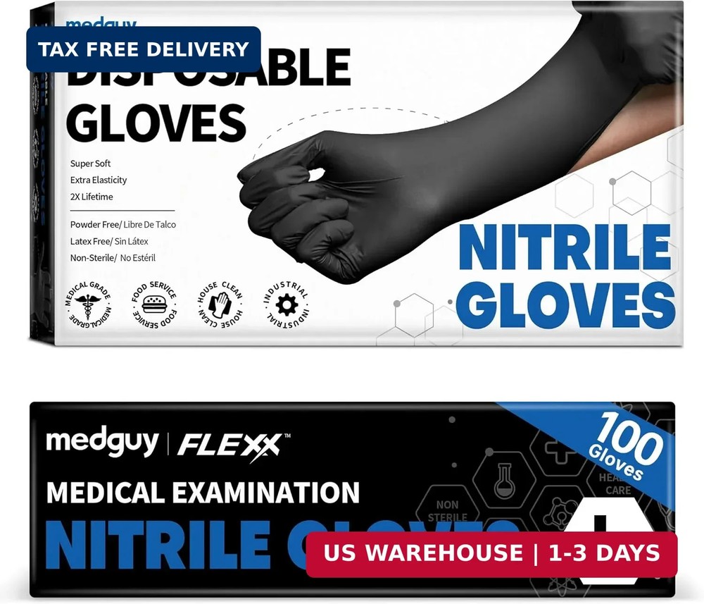 Medguy Nitrile Disposable Gloves, 4 Mil Black Powder-Free Latex-Free Food-Safe G