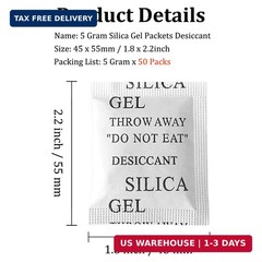 Silica Gel Packets, 50PCS 5 Gram Transparent Desiccant Packs for Storage NEW