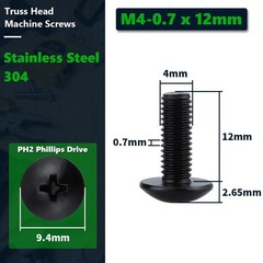 M4-0.7 x 12mm Truss Head Machine Screws, Stainless Steel 304, Black Coated Ph…