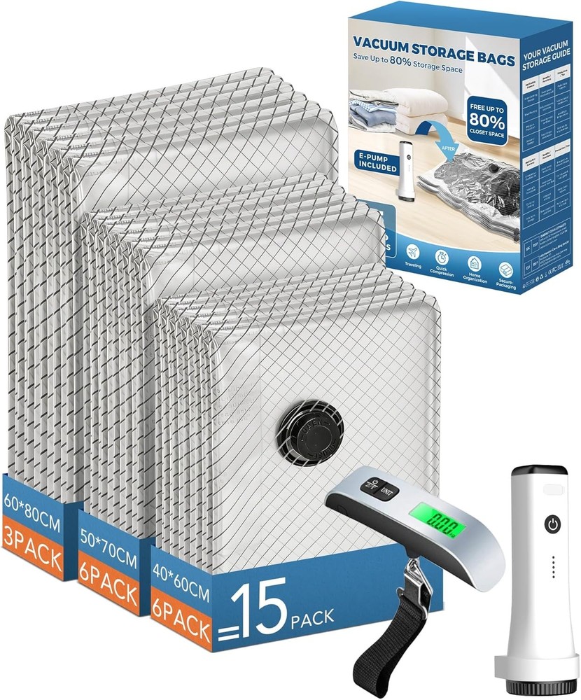 15 Pack Vacuum seal Bags for Clothing Travel with Power Pump and Luggage Scale,