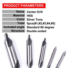 5-Piece HSS Center Drill Bits Set #1-#5, 60° Angle for Lathe & Metalworking