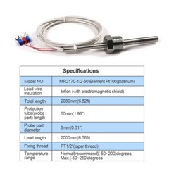 1/2″ NPT Thread Pt100 RTD Temperature Sensor Probe with Wire -50 to 250°C / -58F