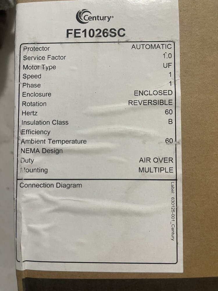 NIB. (Rough Factory Box), Century Motors FE1026SC 1/4HP 208-230V 1075RPM,..TO-55