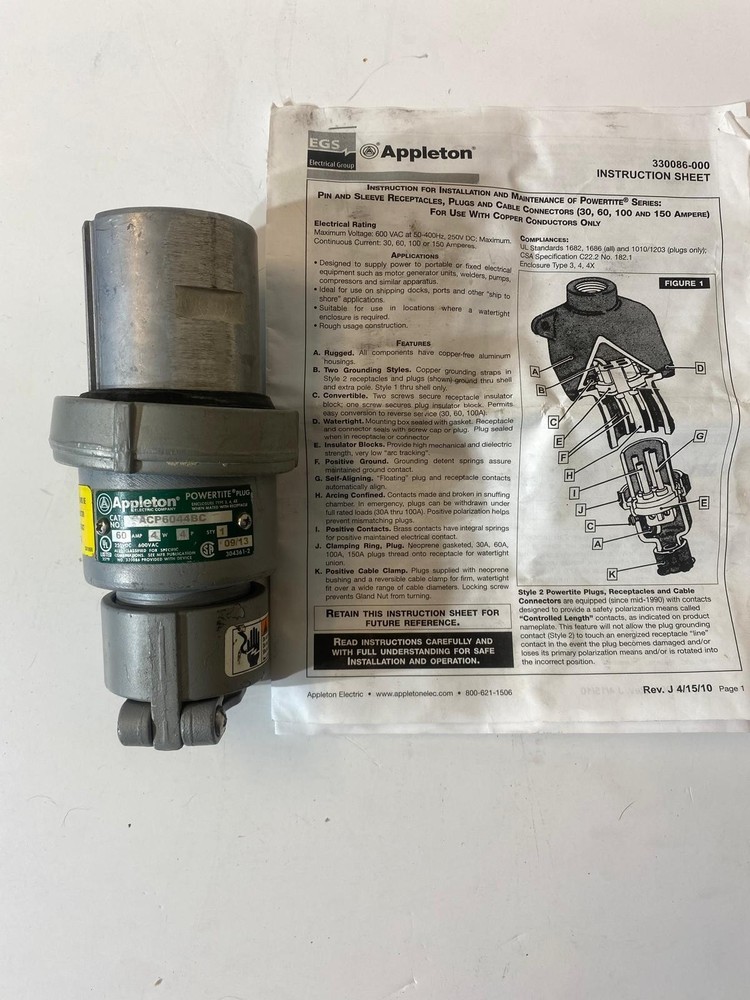 Appleton ACP6044BC 60A 4W 4P 600VAC Powertite Aluminum Clamping Ring Plug