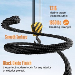 250FT 1/8″ Black Stainless Steel Cable, T316 Marine Grade Wire Rope, 1850lbs Str