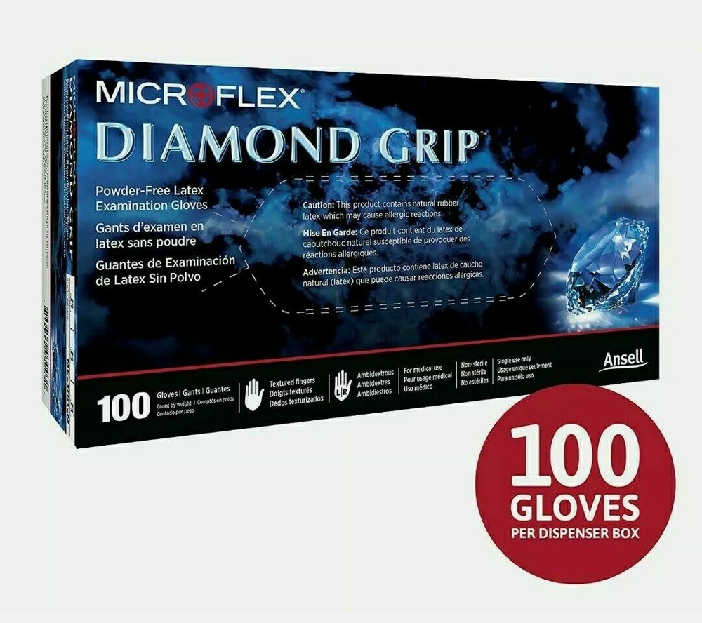 Microflex Diamond Grip Latex Gloves, X-LARGE, 10 boxes of 100 ea, 1000 pcs Total
