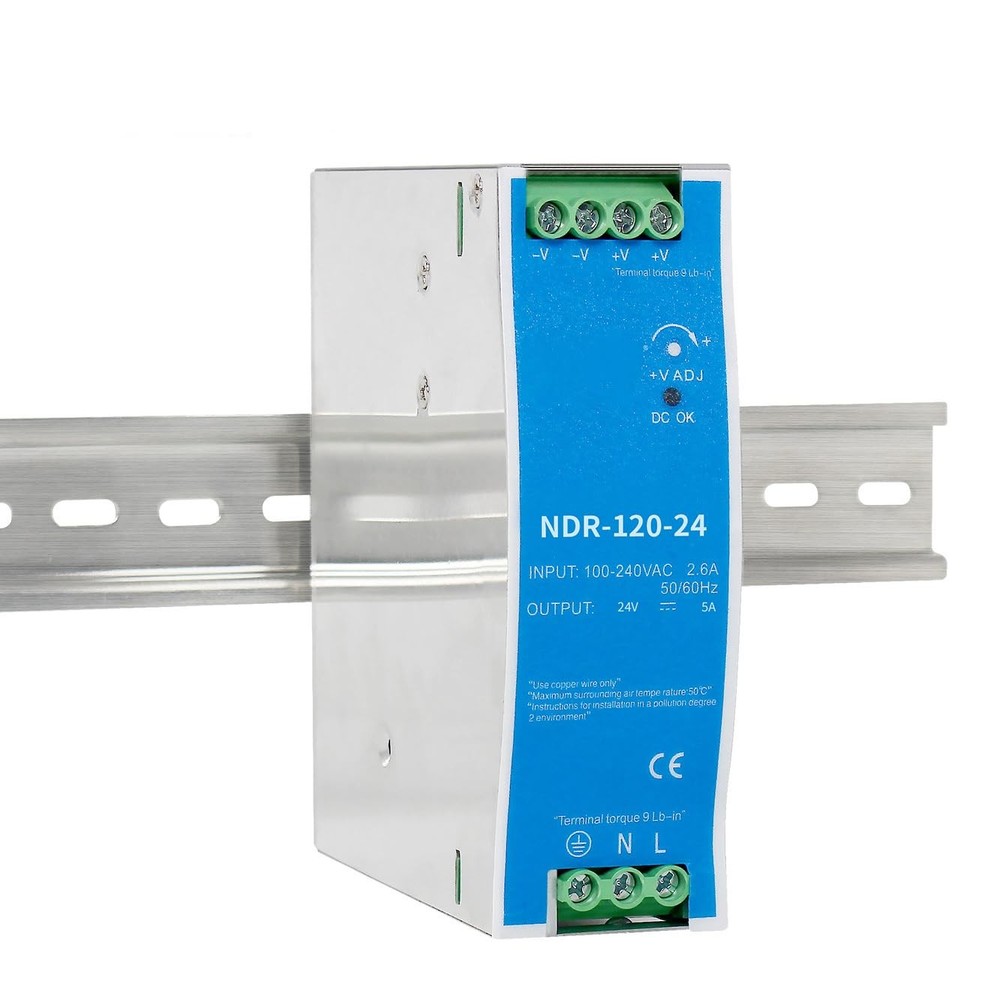 24VDC DIN Rail Power Supply NDR12024 120W 24V 5A Dual Output 120VAC To DC