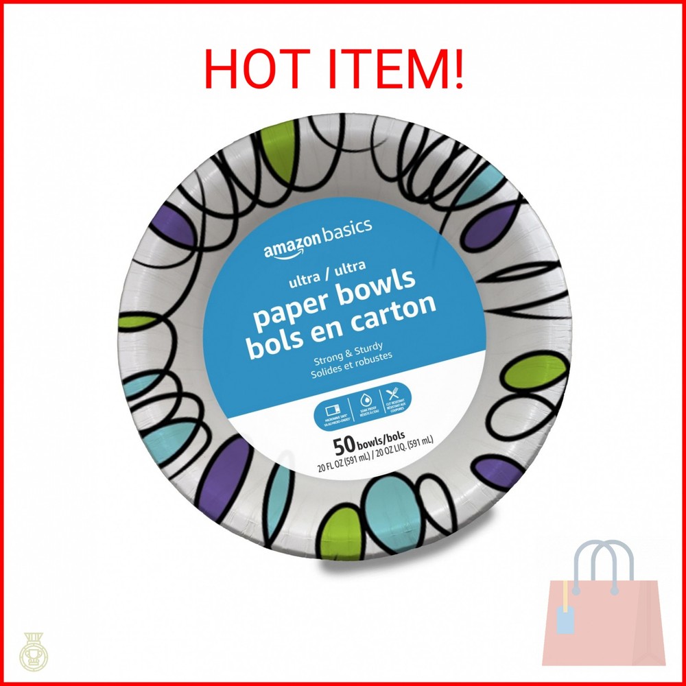 Amazon Basics Ultra Paper Bowls, 20 Oz, Disposable, 50 Count, White (1 pack of 5