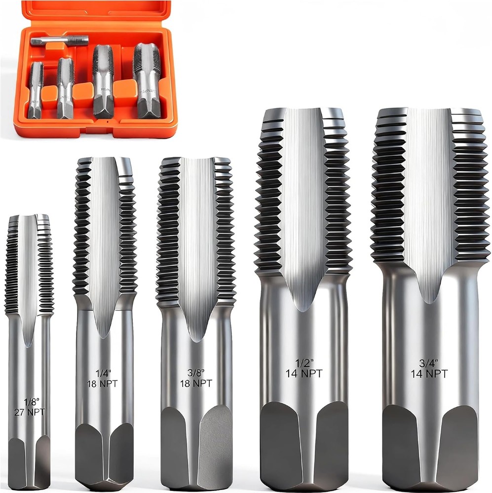 5-Piece NPT Pipe Tap Kit with Heavy-Duty Storage Case, Premium Carbon Steel