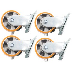 4″ Side Brake Polyurethane Plate Casters, 3200 Pounds, Silver + Qrange, 4 Pieces