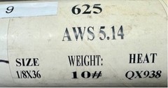 9.5 pounds 625 TIG Weld rod AWS 5.14 (ERNiCMo-3) 3/32″ 36″ long Inconel