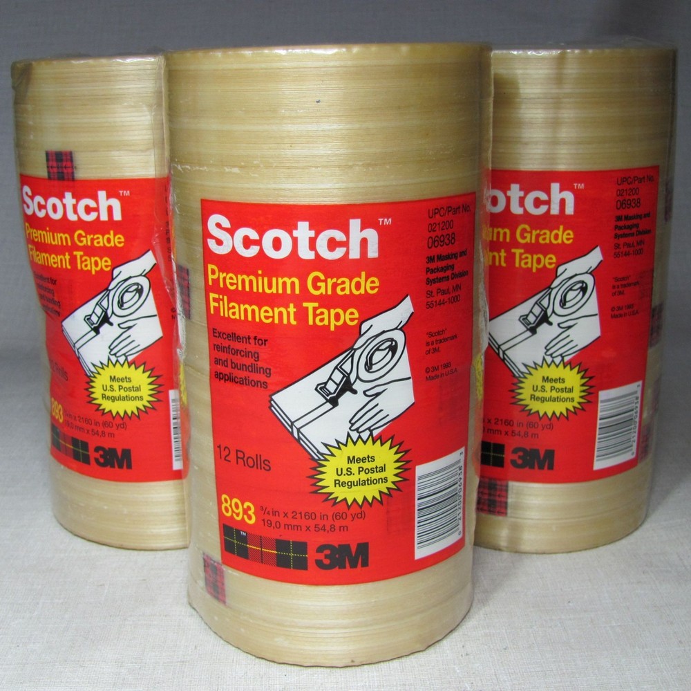 3M 893 PREMIUM GRADE FILAMENT TAPE 3/4″ X 60 Y LOT 3×12 ROLLS PACKAGES OLD STOCK
