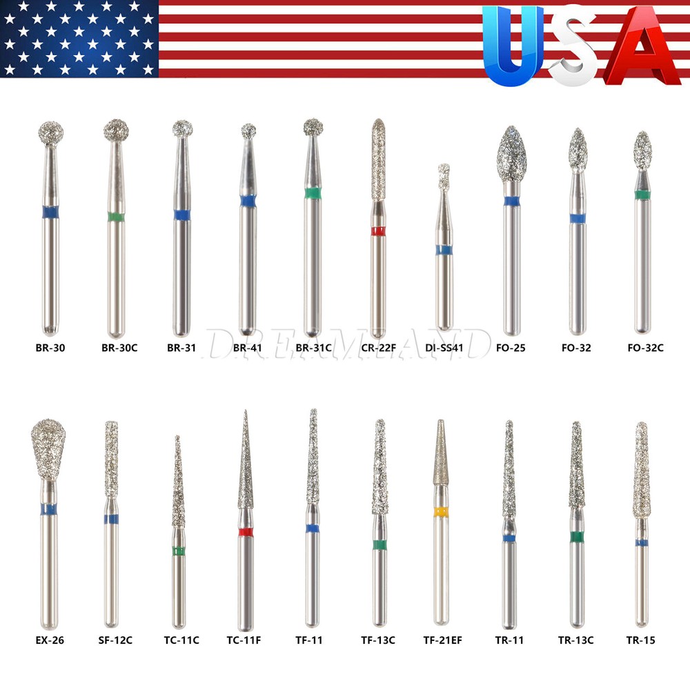 100Pcs Dental Diamond Burs for High Speed Handpiece Medium Friction Grip 20Types