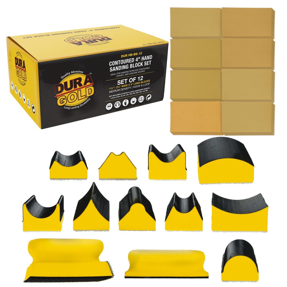 Dura-Gold 12-Piece Contoured 4″ Hand Sanding Block Set, 40 Hook & Loop Sandpaper