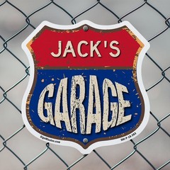 Jack’s Garage Shield Shaped Sign Weather Resistant Crafted in the USA