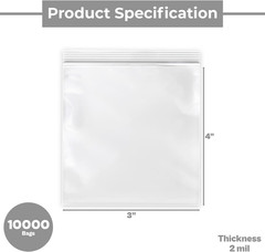 PSBM 10000 Count 2 Mil 3 Inch X 4 Inch, Reclosable Poly Bags, Clear Zip Plastic